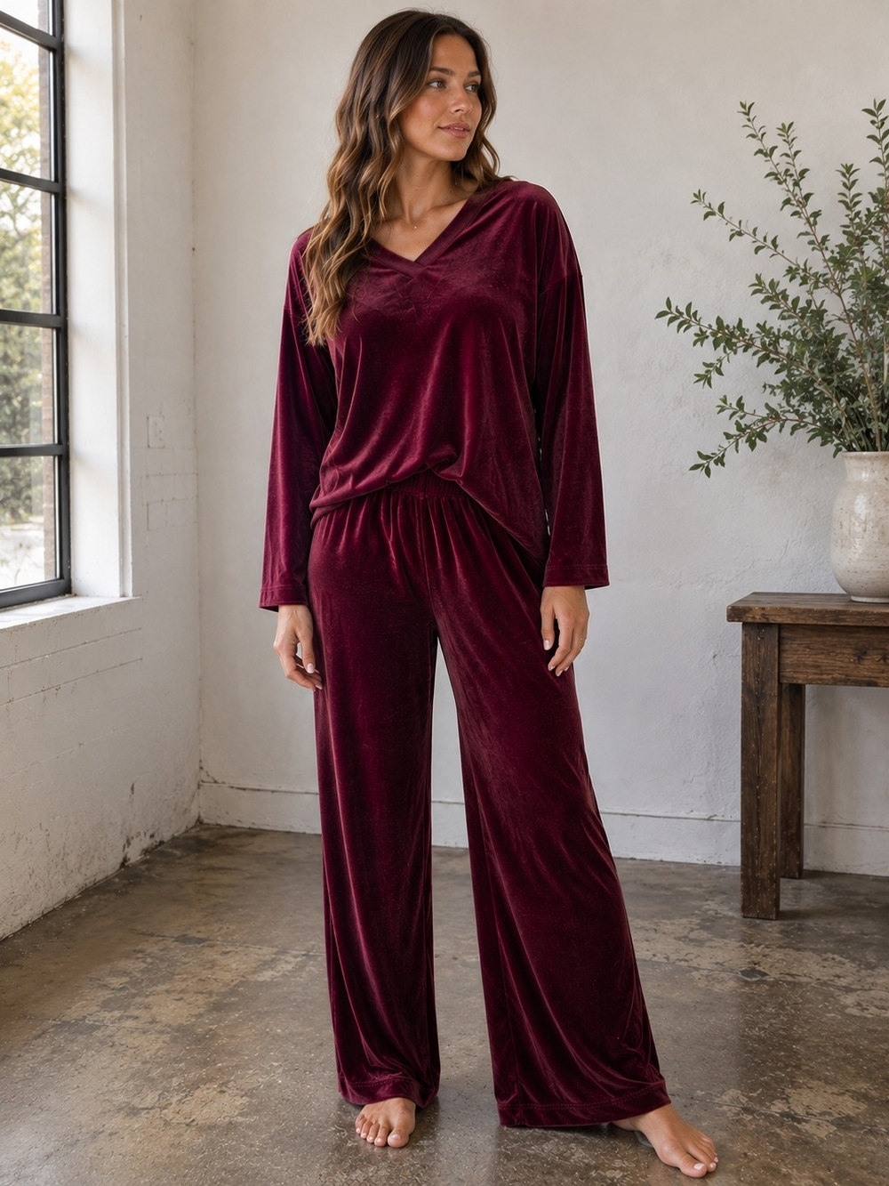 Roaman’s Velour Lounge Set Women’s 14/16 M Burgundy V-Neck Top Pants 2 Piece